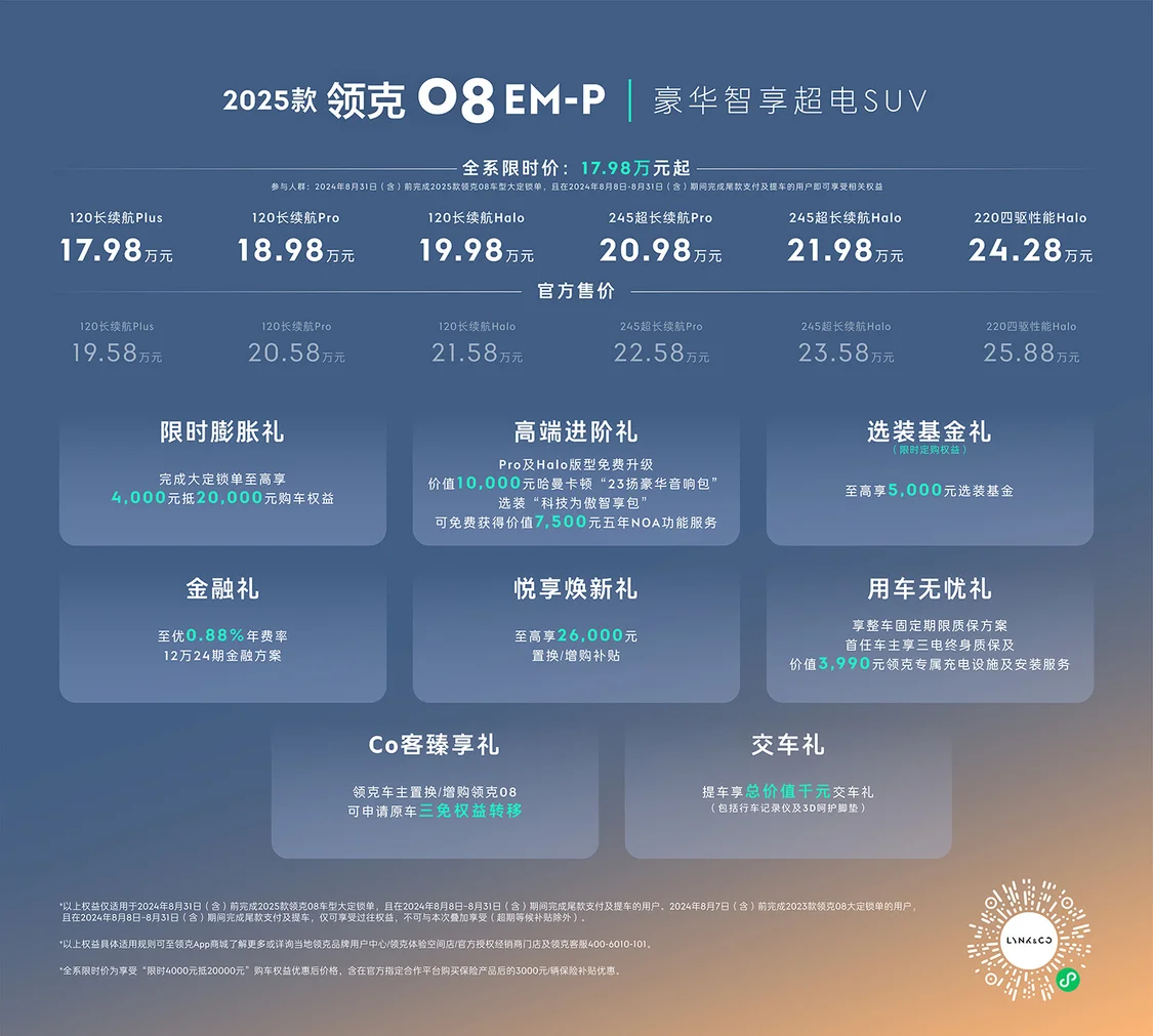 2025款领克08 EM-P上市 智能舒适升级/限时价17.98万元起