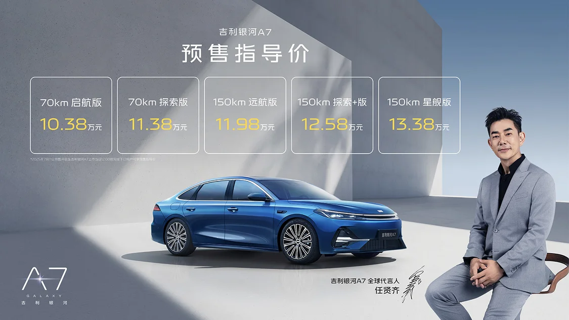 吉利银河A7预售价10.38万元起 综合续航超2100km